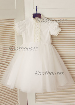 Short Sleeves Ivory Cotton Tulle Flower Girl Dress